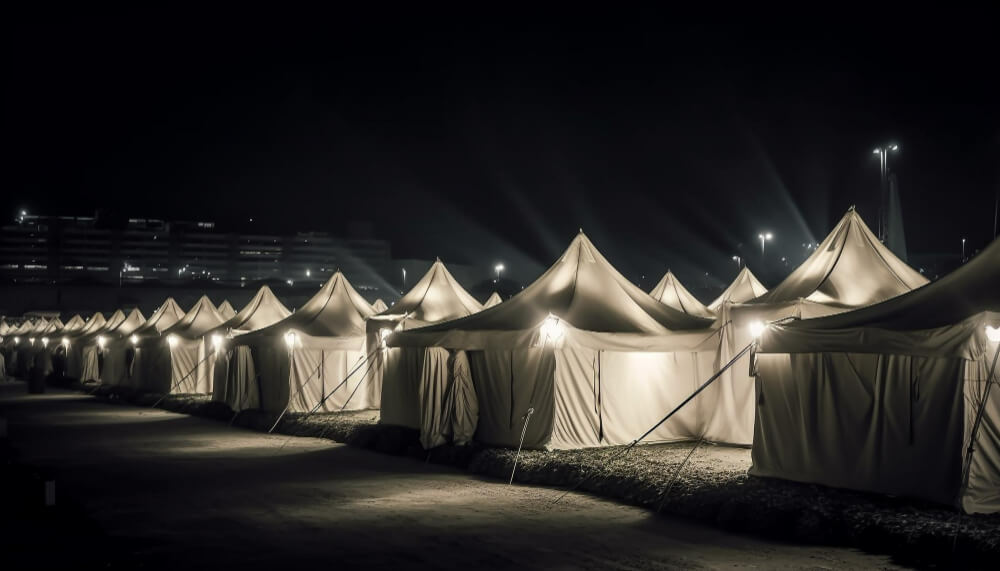 מתחם אוהלים ממוזגים מוארים בשעת לילה
